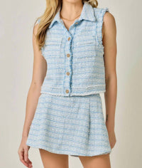 Mystree - Spring Fringe Tweed Buttoned Vest And Skort Set