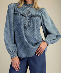 Easel POLKA DOTS WASHED BLOUSE in blue - women's blouse - detail view
