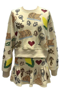 QUEEN OF SPARKLES Scattered Needlepoint Turkey Dinner Cropped Sweatshirt in tan - women's top - alternate view