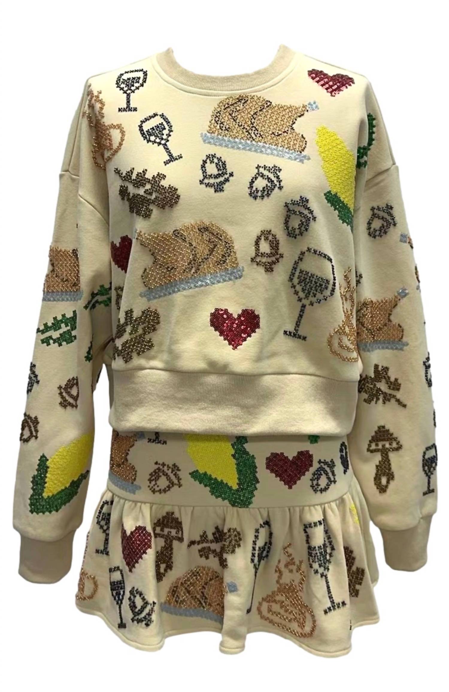QUEEN OF SPARKLES Scattered Needlepoint Turkey Dinner Cropped Sweatshirt in tan - women's top - alternate view