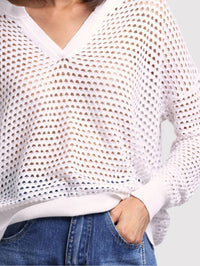 Minnie Rose - Mesh Split Neck Long Sleeve Top