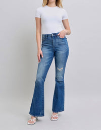 Judy Blue High Rise Contrast Wash Destroy Flare Jeans in blue - women's jeans