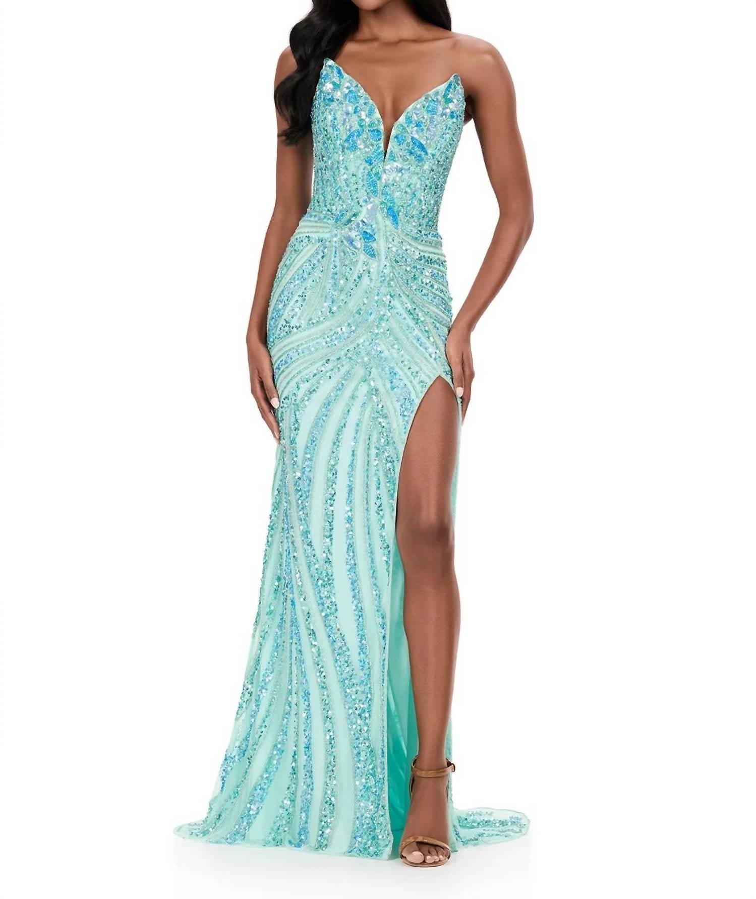 ASHLEYlauren Fully Beaded Lace-up Back Prom Dress in aqua - women's dress