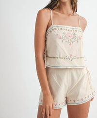 Mable - Tea Rose Vintage Embroidered Top And Short Set