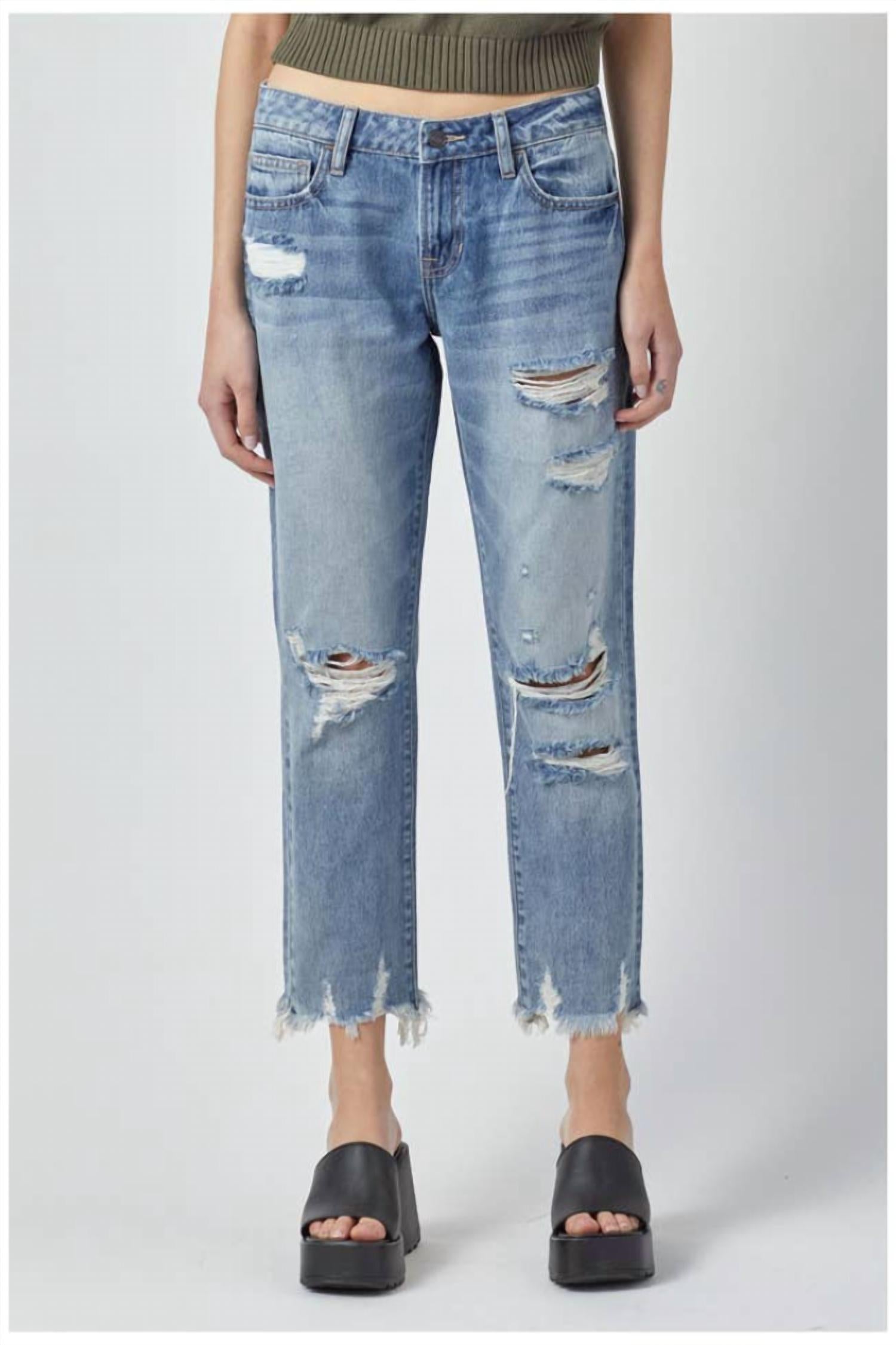 HIDDEN Women's Distressed Boyfriend Jean in blue - women's jeans