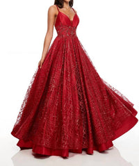 Rachel Allan - V-neck Satin Prom Gown With Glitter Tulle