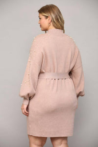 Fate - Pearl Embellished Belted Sweater Dress - Plus