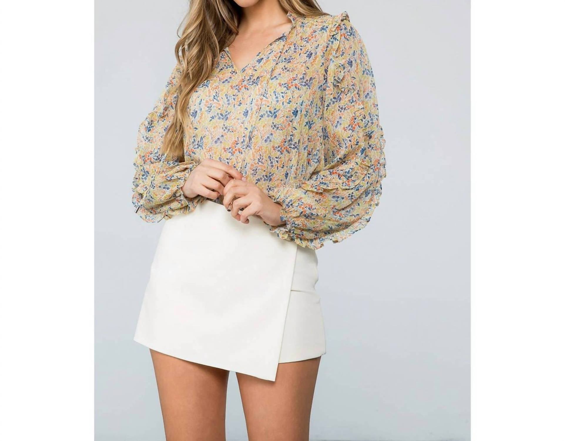 THML Flower Print Long Sleeve Blouse in floral beige - women's blouse - view 6