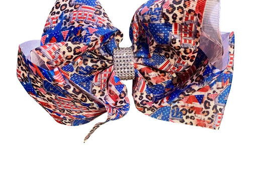 Kids Charm - Kids Girls Patriotic Leopard Print 4th Of July Hair Bow