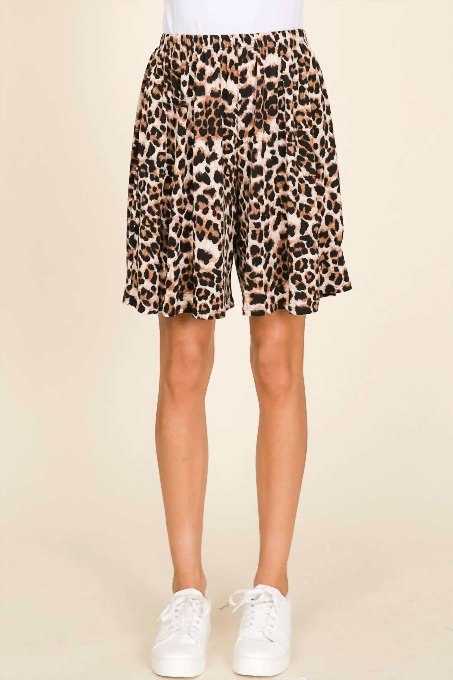 BOMBOM Casual Elastic Waist Animal Print Shorts in leopard - women's shorts - detail view