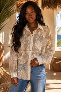 Surelymine - Floral Lace Contrast Button-up Blouse
