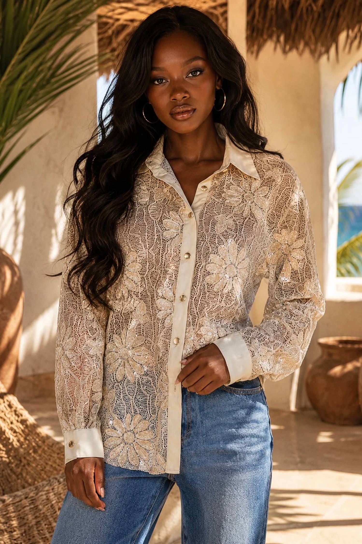 Surelymine - Floral Lace Contrast Button-up Blouse