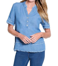 Multiples Fringe Hem Blouse in light indigo - women's blouse