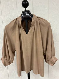 umgee Women's Bubble Sleeve Scalloped Collar Blouse in latte - women's blouse