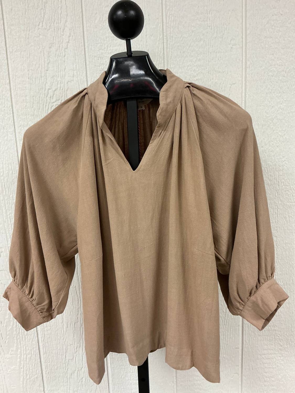 umgee Women's Bubble Sleeve Scalloped Collar Blouse in latte - women's blouse