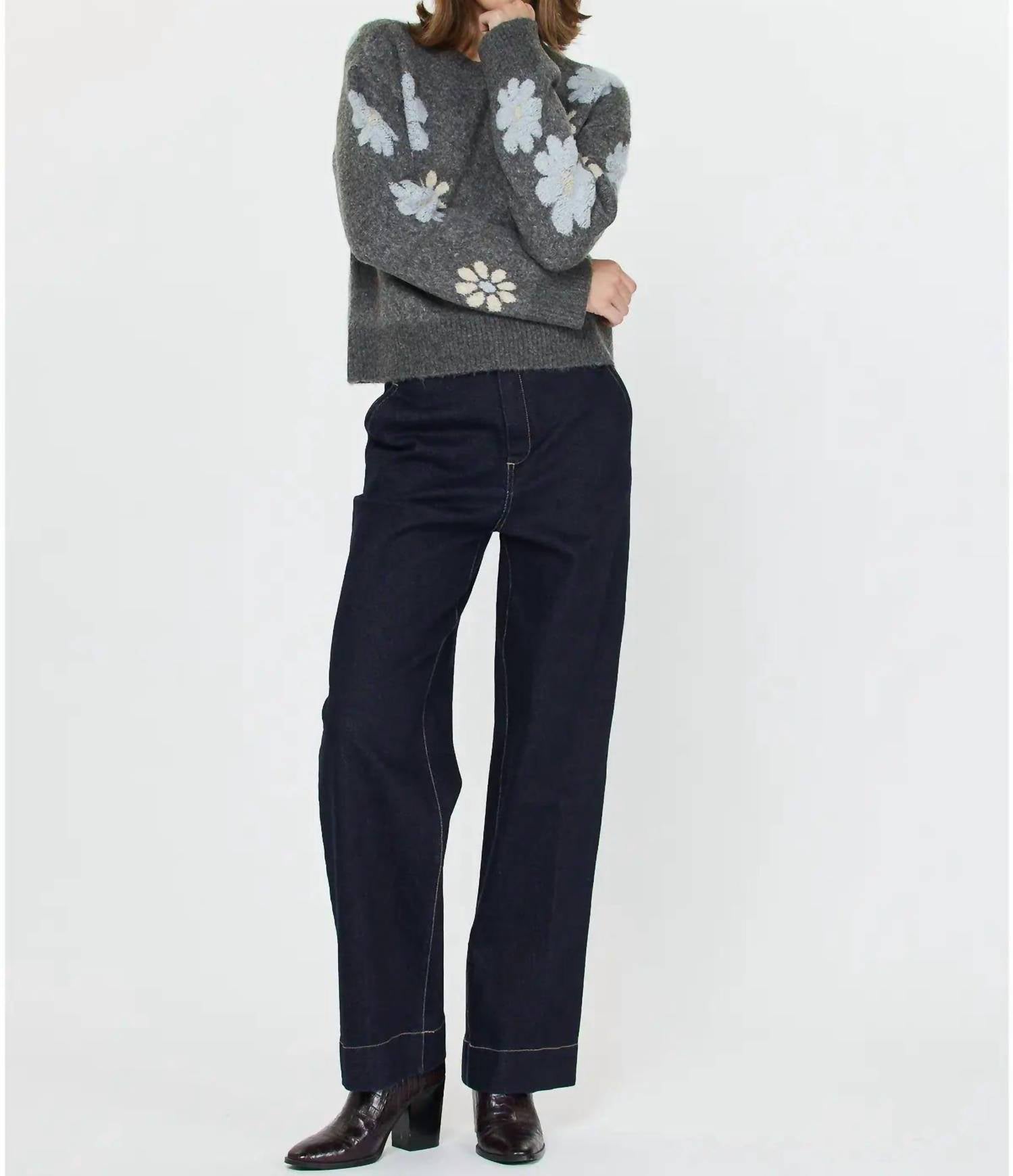 current air Floral Motif Crew Neck Sweater in dark gray - women's sweater - detail view