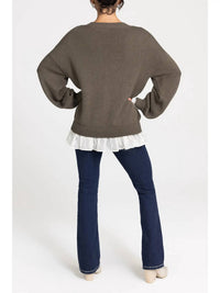 Miss Me - Women's Chiffon Trim Lace Up Sweater