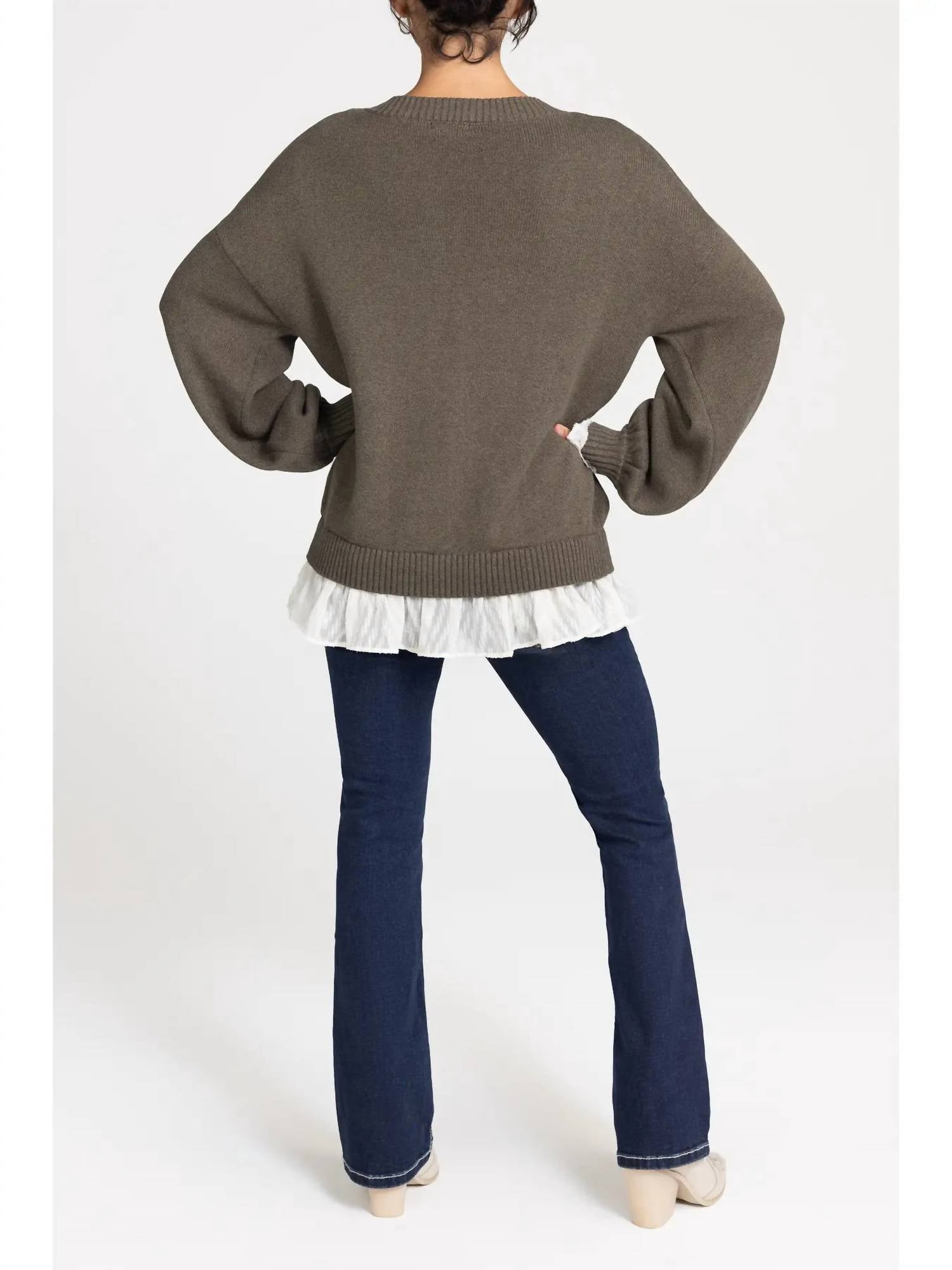 Miss Me - Women's Chiffon Trim Lace Up Sweater