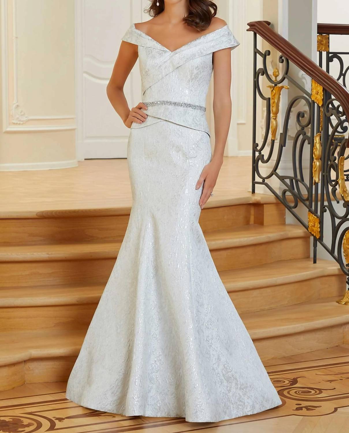MGNY Regal Brocade Evening Dress in silver - women's dress