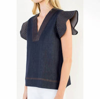 Thml - Short Sleeve V-neck Denim Blouse