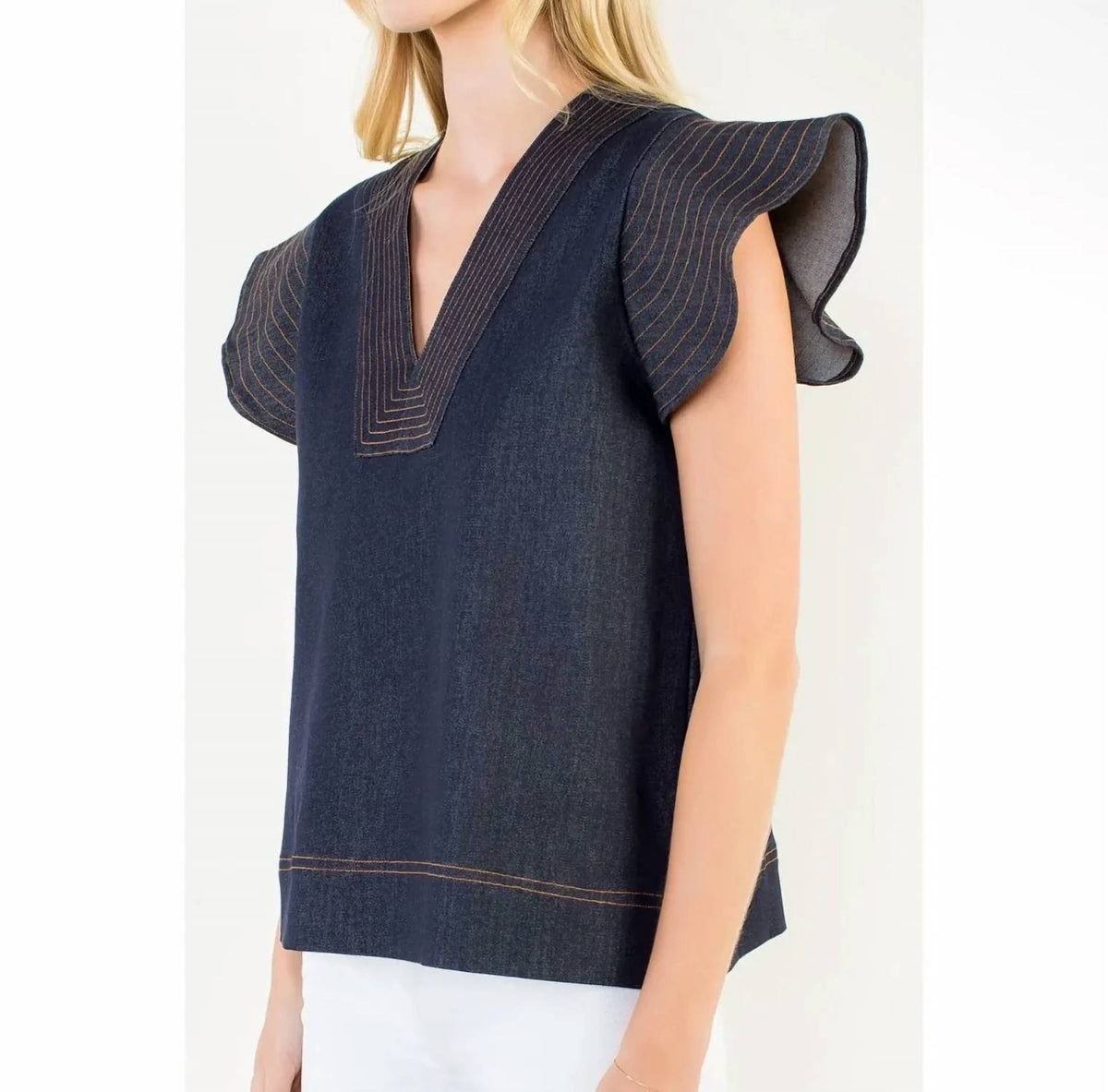 Thml - Short Sleeve V-neck Denim Blouse