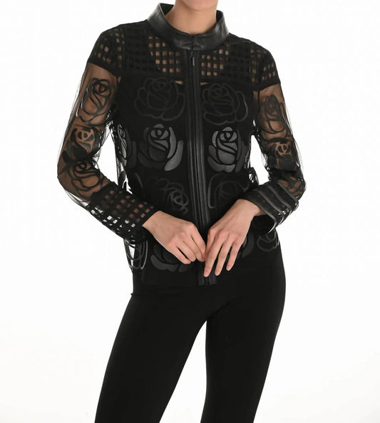 Frank Lyman - Women's Sheer Floral Mesh Jacket With Faux Leather Trim