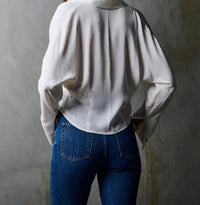 Hevron Regine Deep V-neck Top in ivory - women's long sleeve top - detail view