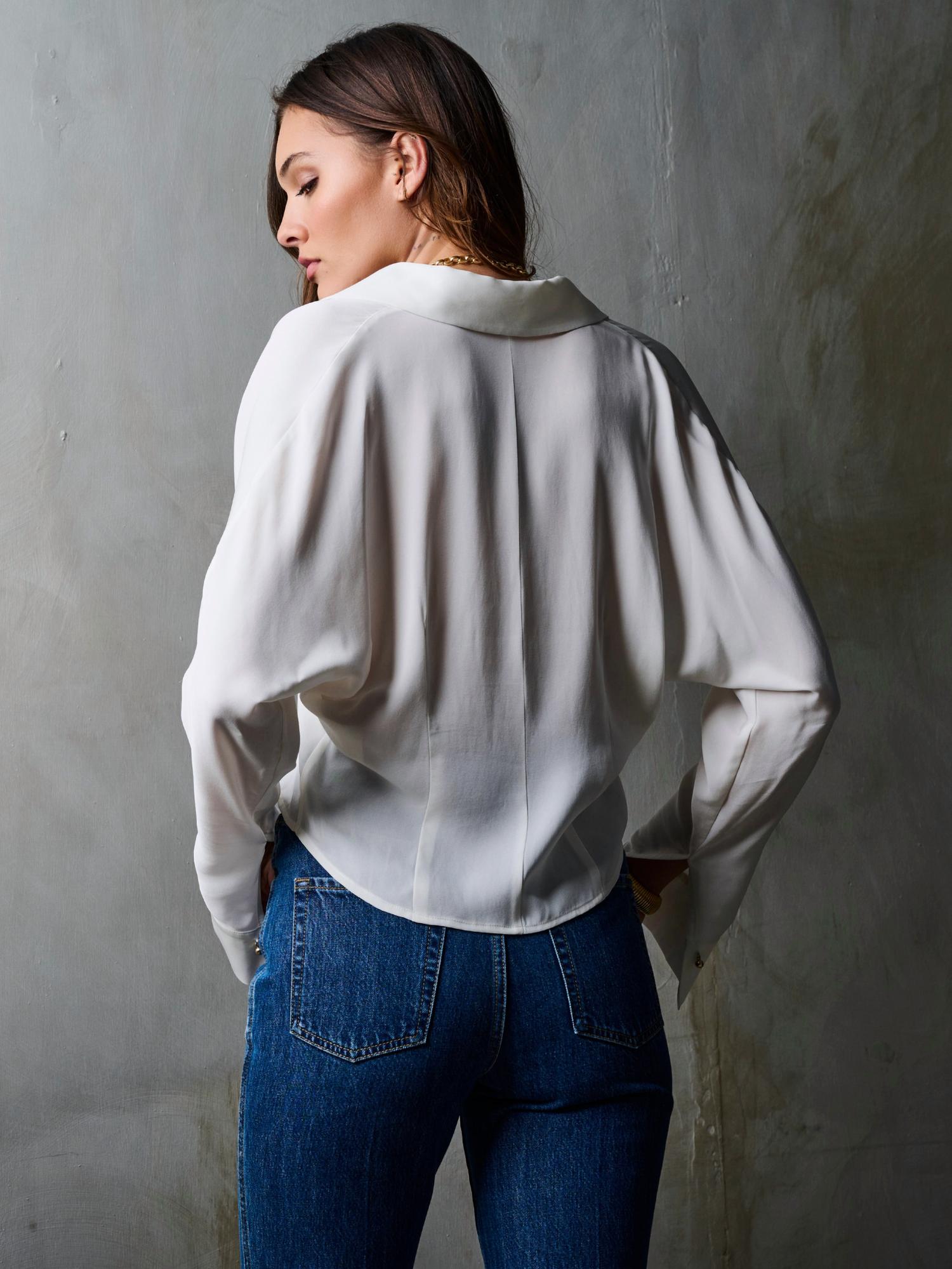 Hevron Regine Deep V-neck Top in ivory - women's long sleeve top - alternate view