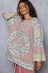Pol - Crew Neck Printed Peace Patch Overlock Stitch Knit Top