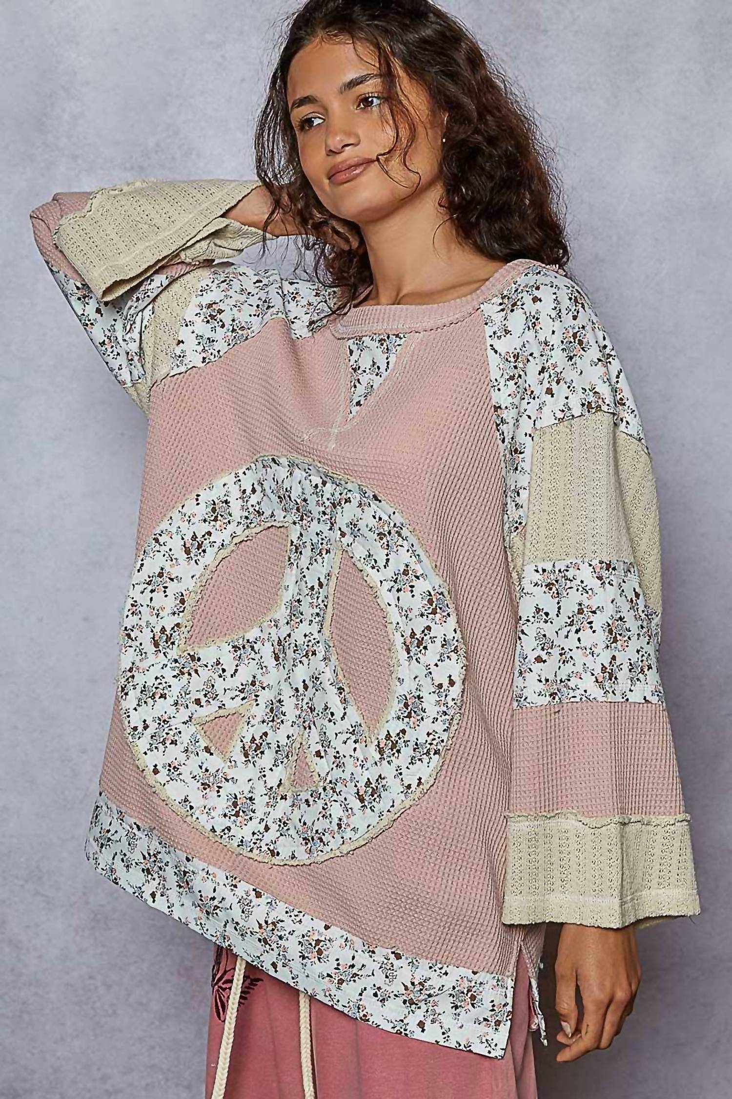 Pol - Crew Neck Printed Peace Patch Overlock Stitch Knit Top