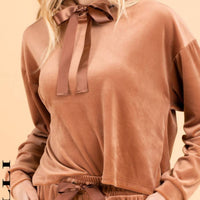 GILLI Velvet Boxy Hooded Top in brick brown - women's top - detail view
