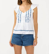 Lovestitch - Ruffle Sleeve Embroidered Pintuck Top