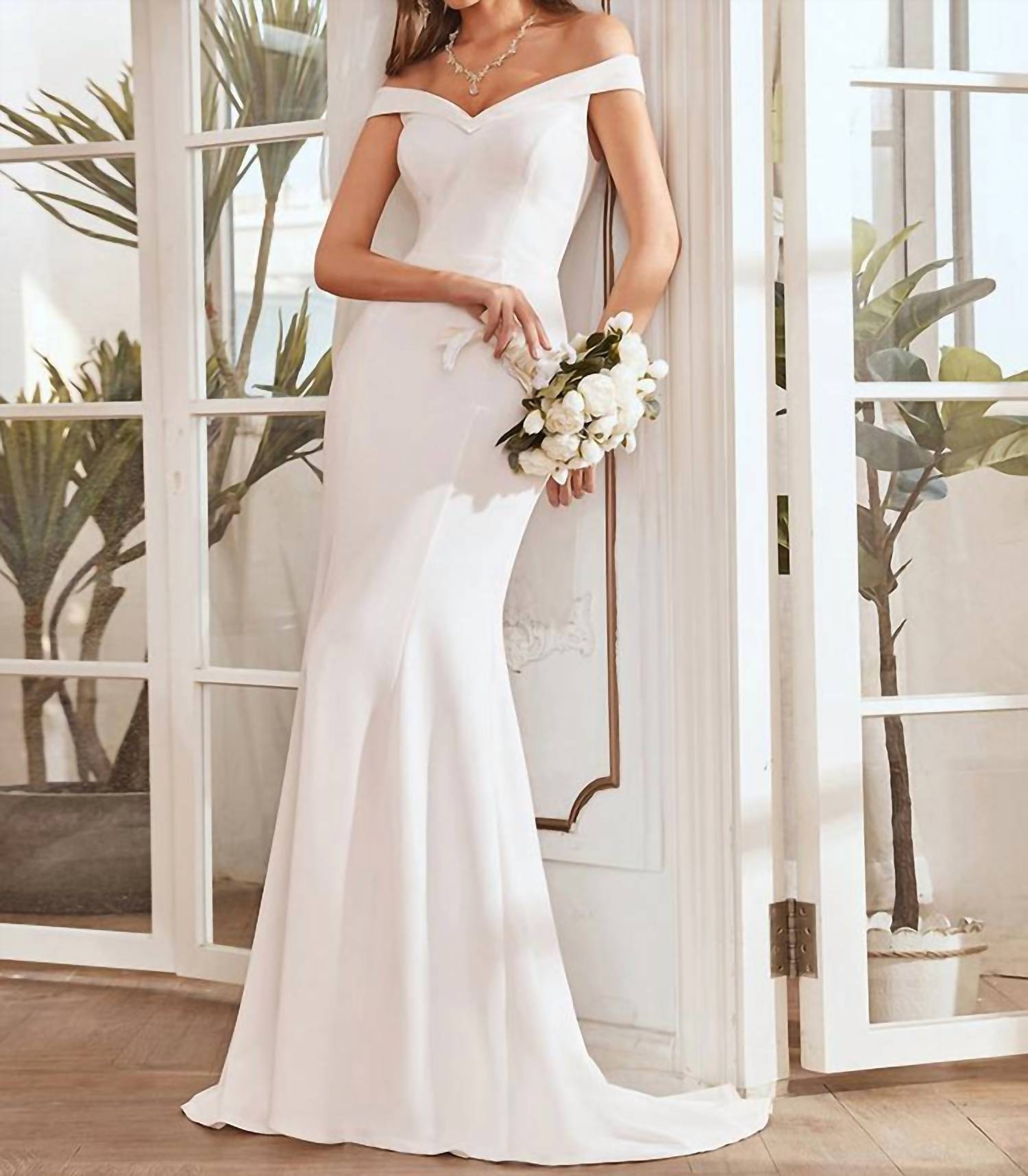 Ever-Pretty - Plain Solid Color Off Shoulder Mermaid Wedding Dress