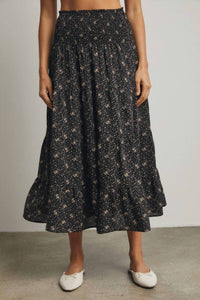 WISHLIST Floral Tiered Front Slit Midi Skirt in black mocha - women's skirt