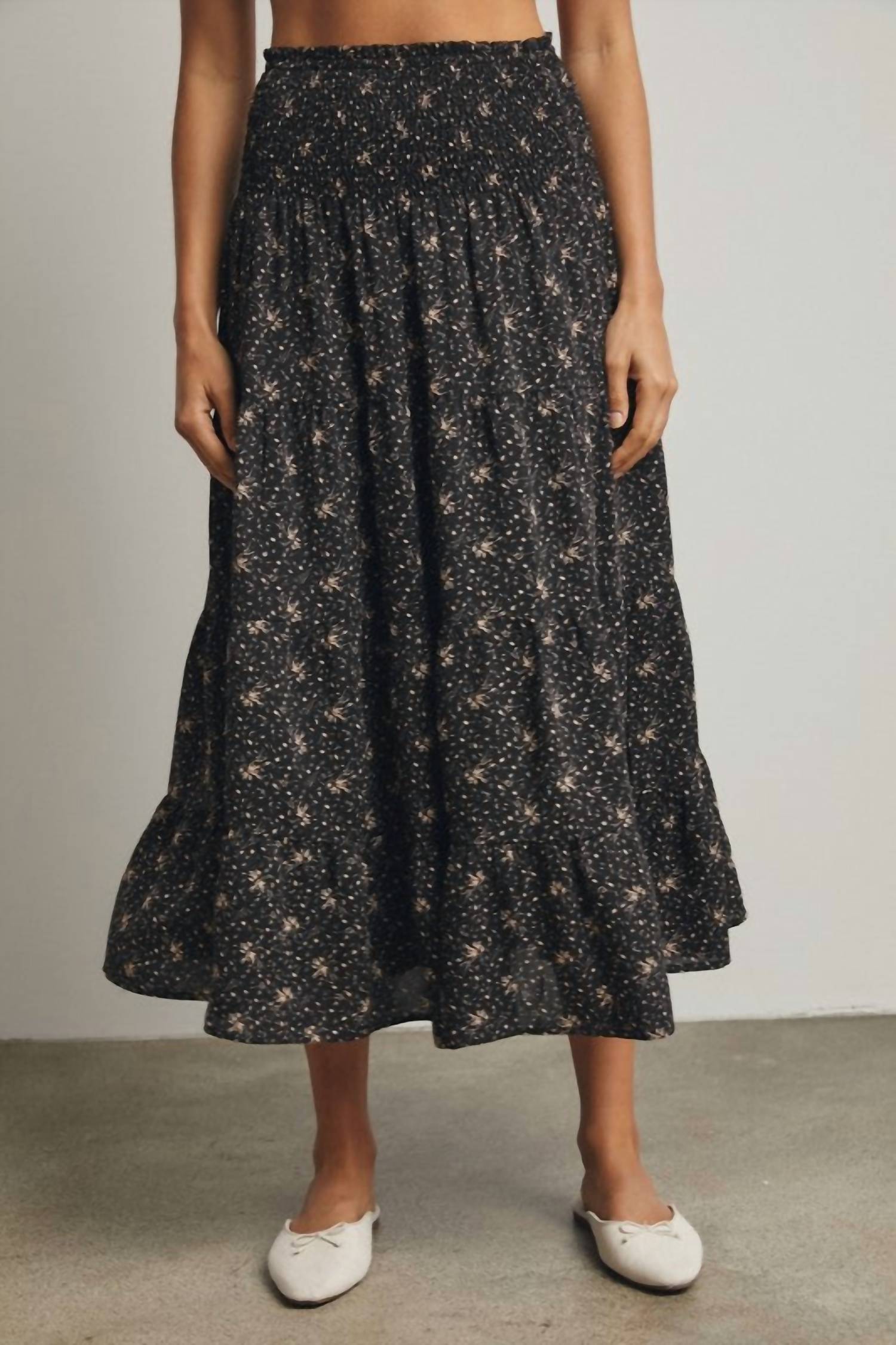 WISHLIST Floral Tiered Front Slit Midi Skirt in black mocha - women's skirt