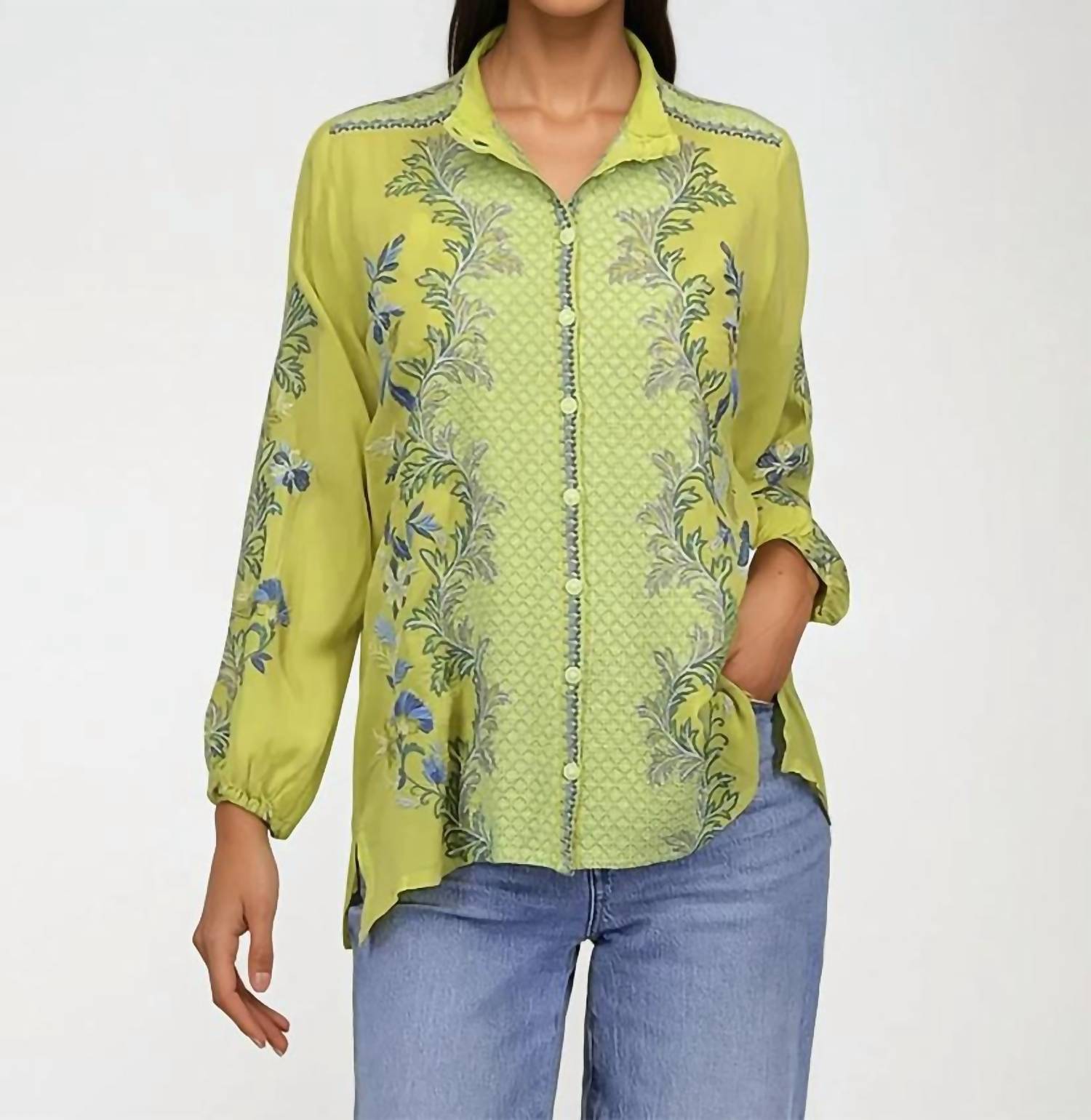 Johnny Was Eleana Embroidered Blouse in chartreuse - women's blouse
