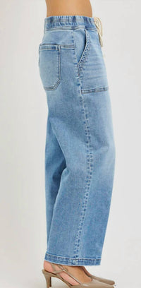 Risen - Elastic Slouchy Cropped Baggy Patch Pockets Jeans
