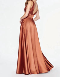 Cinderella Divine - Satin V-neck Dress With Slit