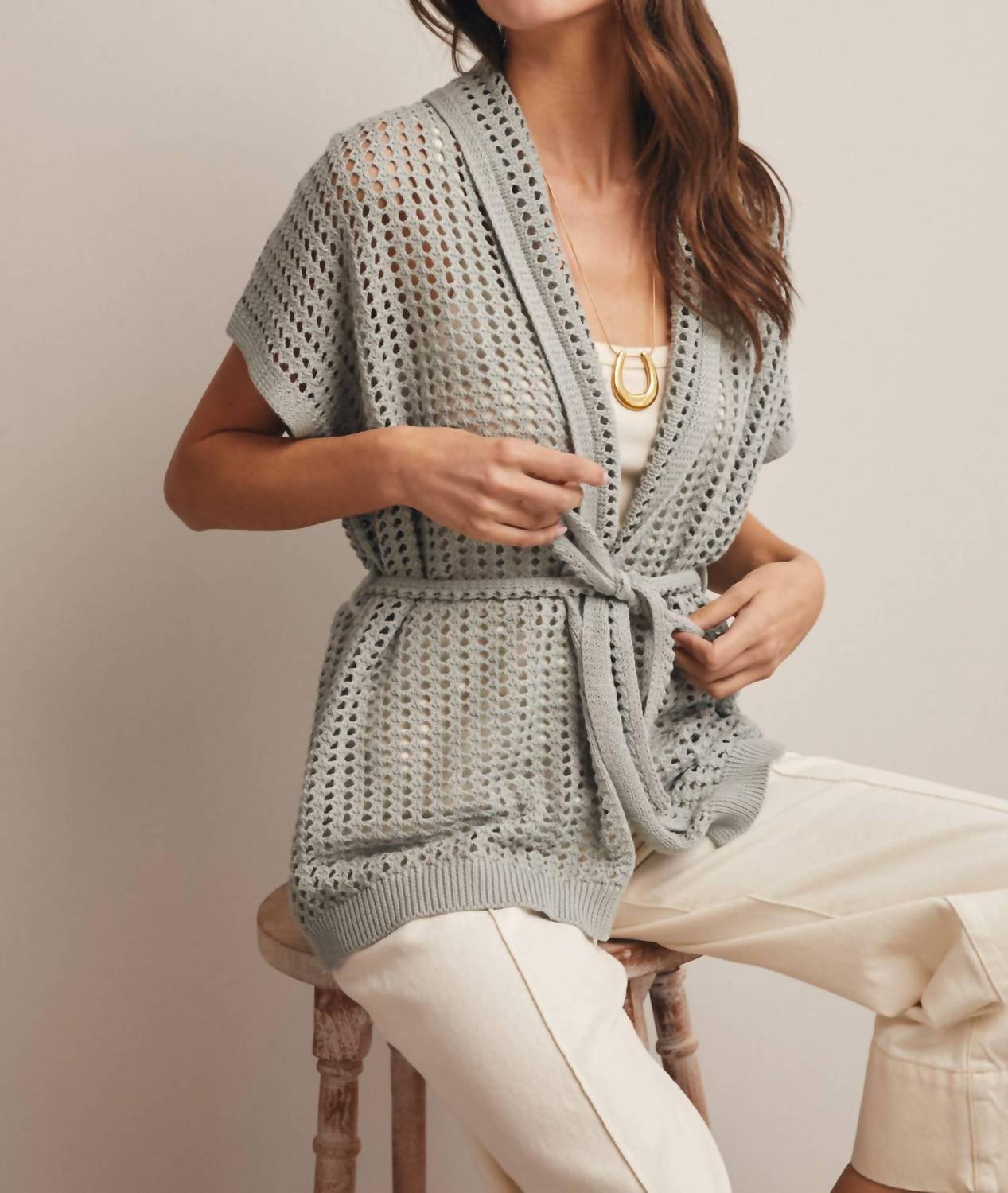 Forte Open Knit Belted Cardigan in seafoam - women's cardigan - view 5