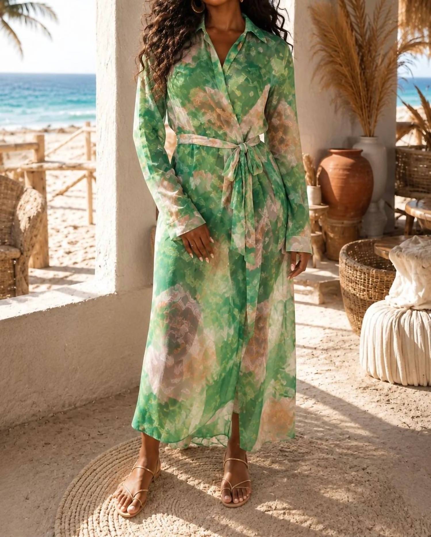 Surelymine - Sheer Floral Print Long Sleeve Wrap Maxi Dress