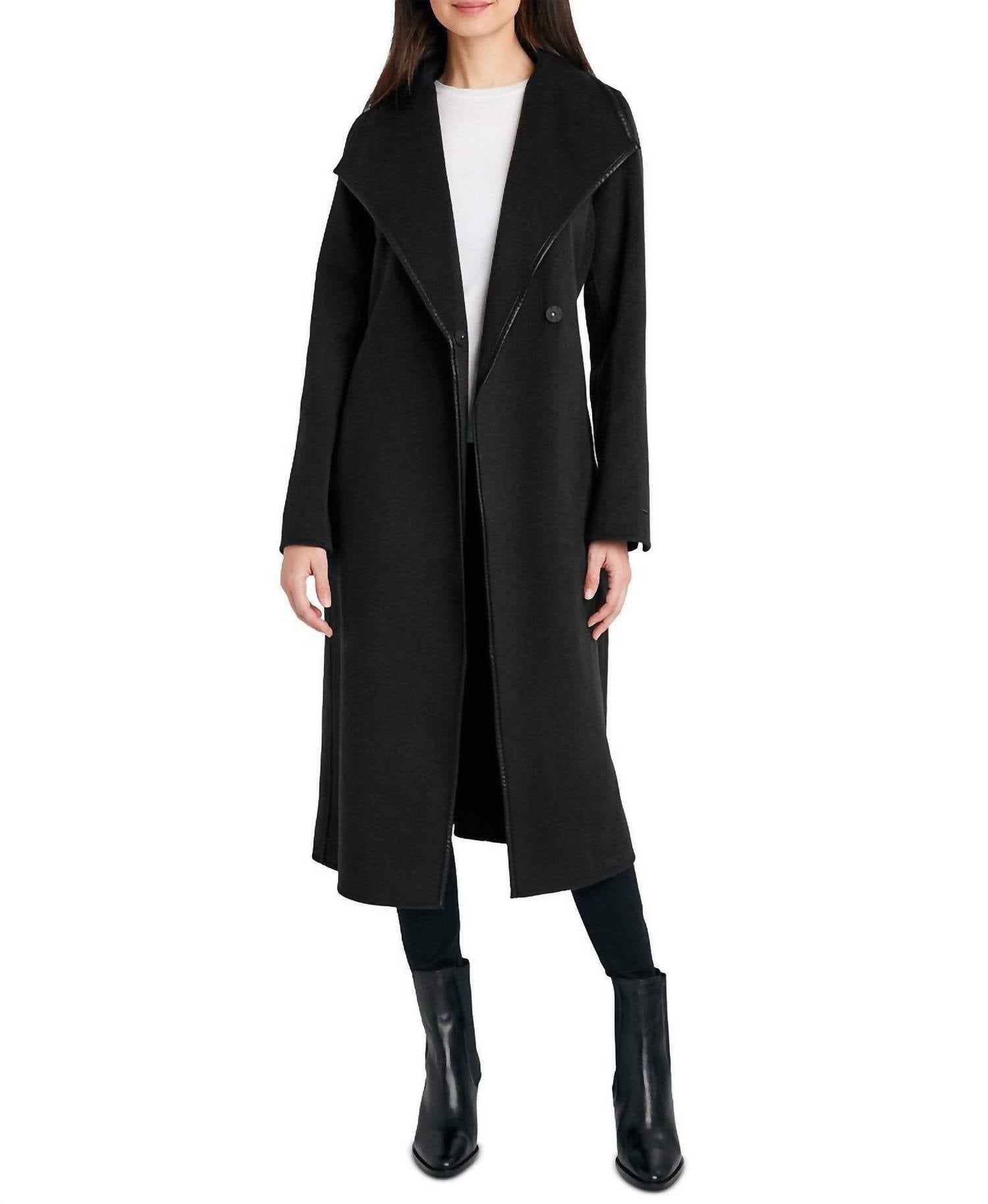 T Tahari - Juliette Double Face Faux Leather Trim Belted  Wool Coat Black