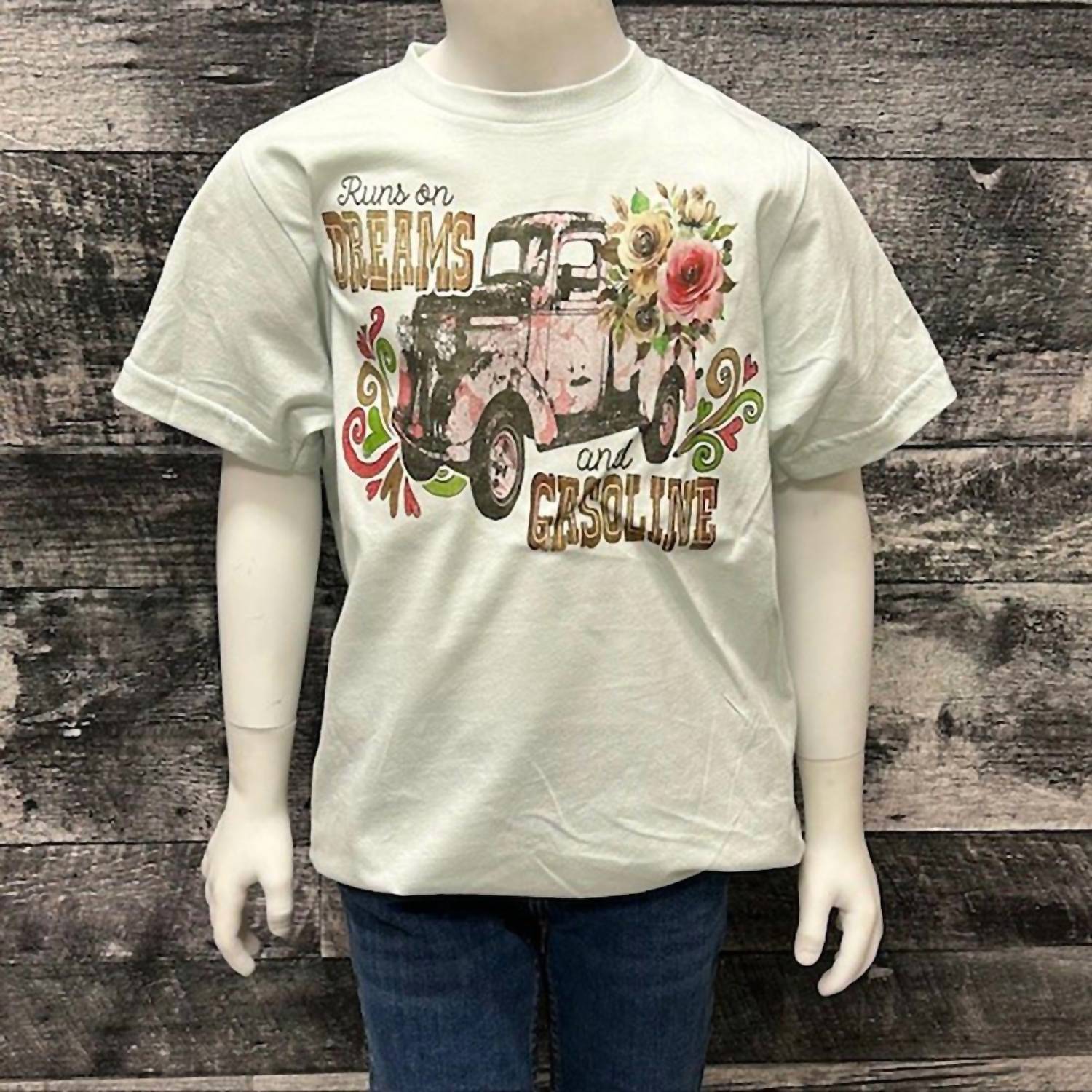 BRATTI MATI Girls Runs On Dreams & Gasoline Top in light teal - kids' t-shirt
