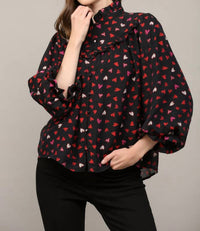 Fate By Lfd - Heart Print Ruffle Yoke Detail Bubble Sleeve Blouse
