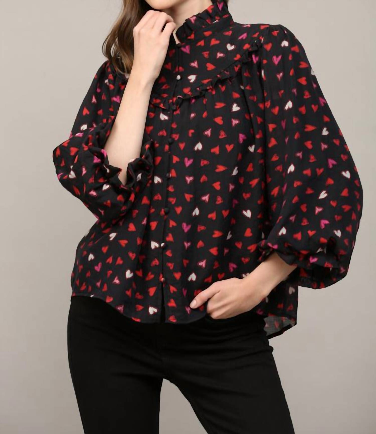 Fate By Lfd - Heart Print Ruffle Yoke Detail Bubble Sleeve Blouse