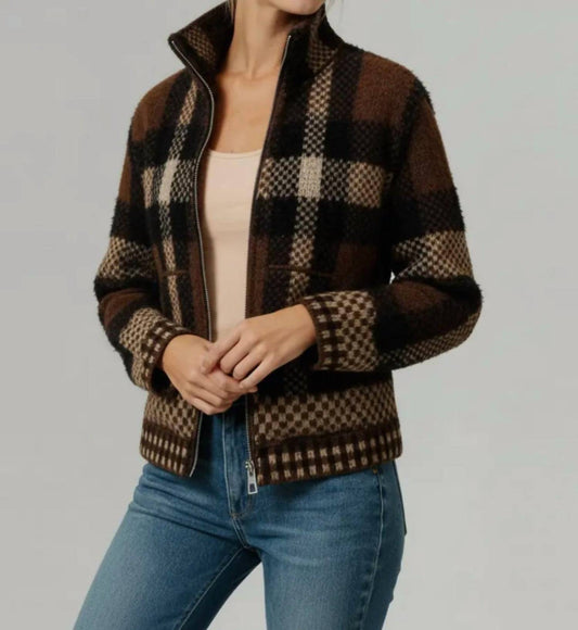 Kori - High Neck Zip Up Plaid Sweater Cardigan With Pocket