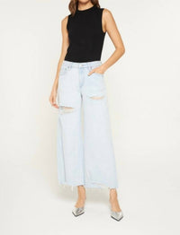 mica denim High Rise Distressed Wide Leg Jeans in blue - women's pants