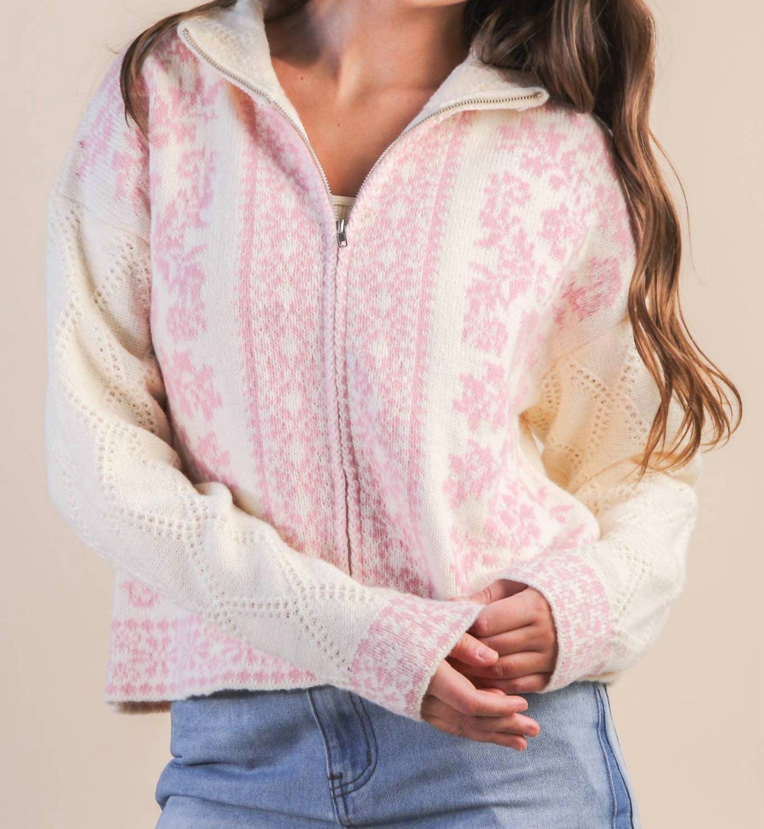 Very J - Romantic Floral Zip Sweater