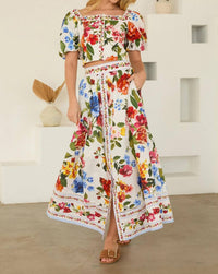SKIES ARE BLUE Floral Border Print Midi Skirt in white multi - women's skirt