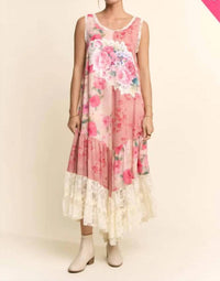 Davi & Dani - Women's Print Flower Patchwork Lace Tiered Dress - Plus