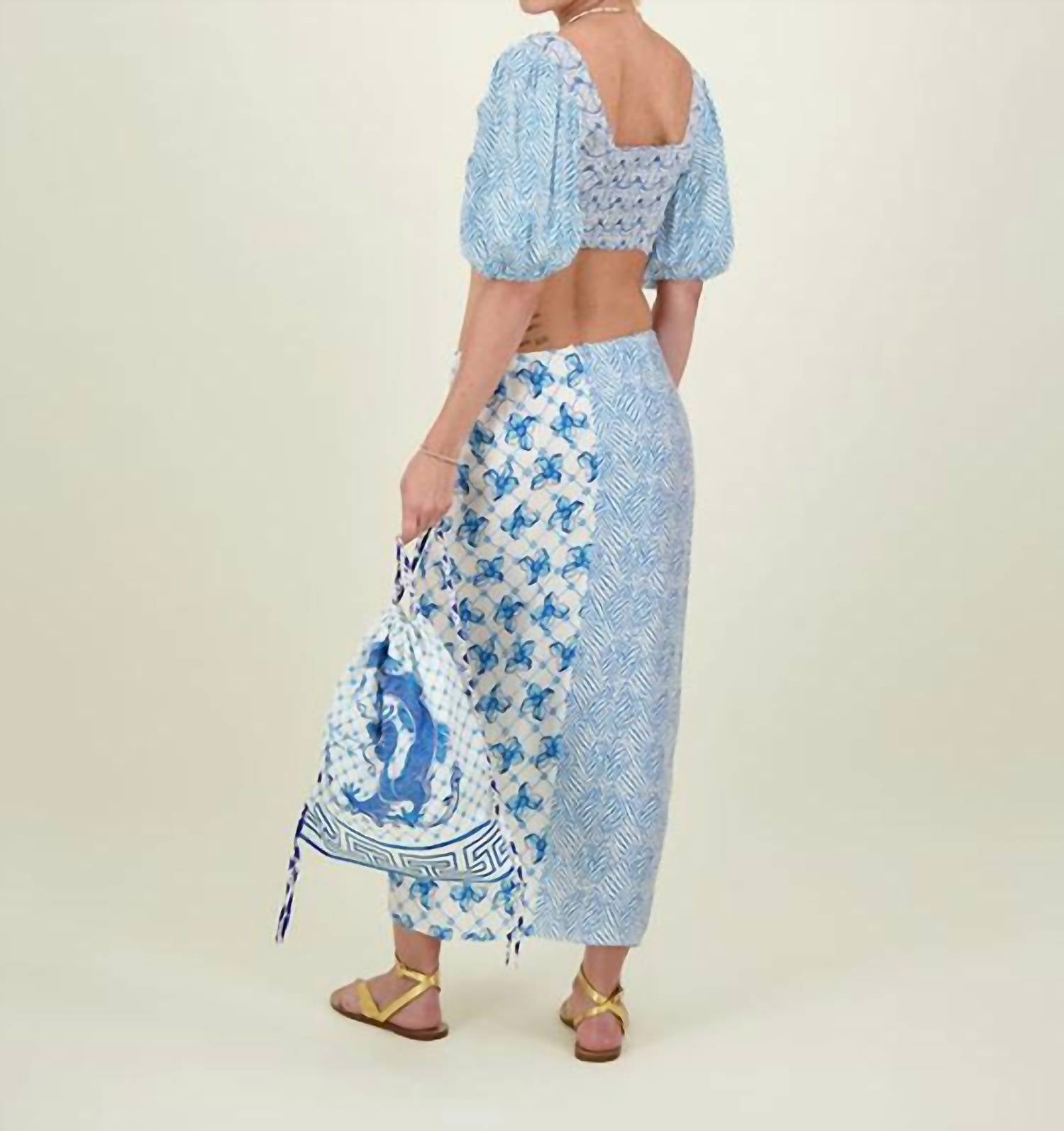 Me369 Sienna Puff Sleeve Top in blue - women's shirt - detail view